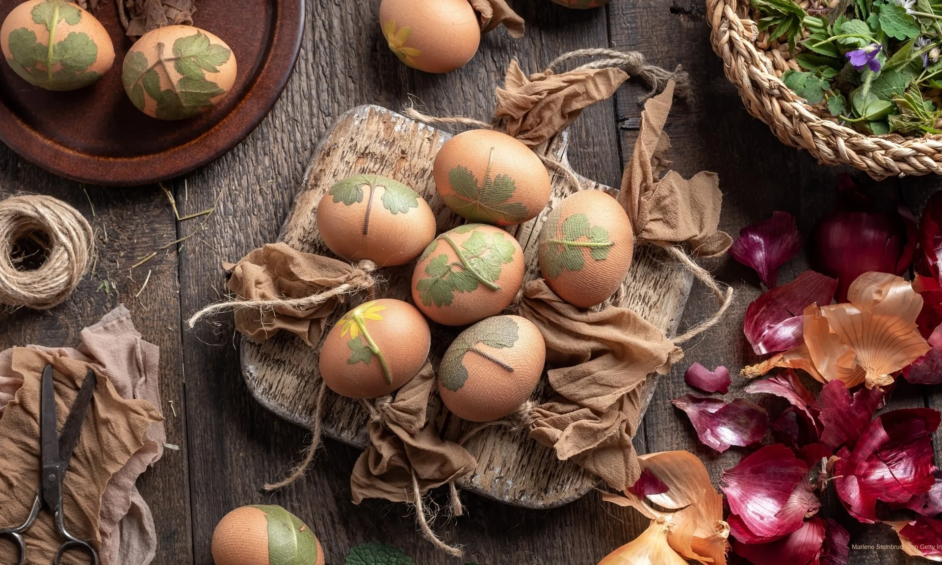 Ostereier färben mit Kräutermuster (c) Marlene Steinbruch von Getty Images Ostereier mit Blättern und Kräutern dekoriert auf Holzbrett und Zwiebelhäuten