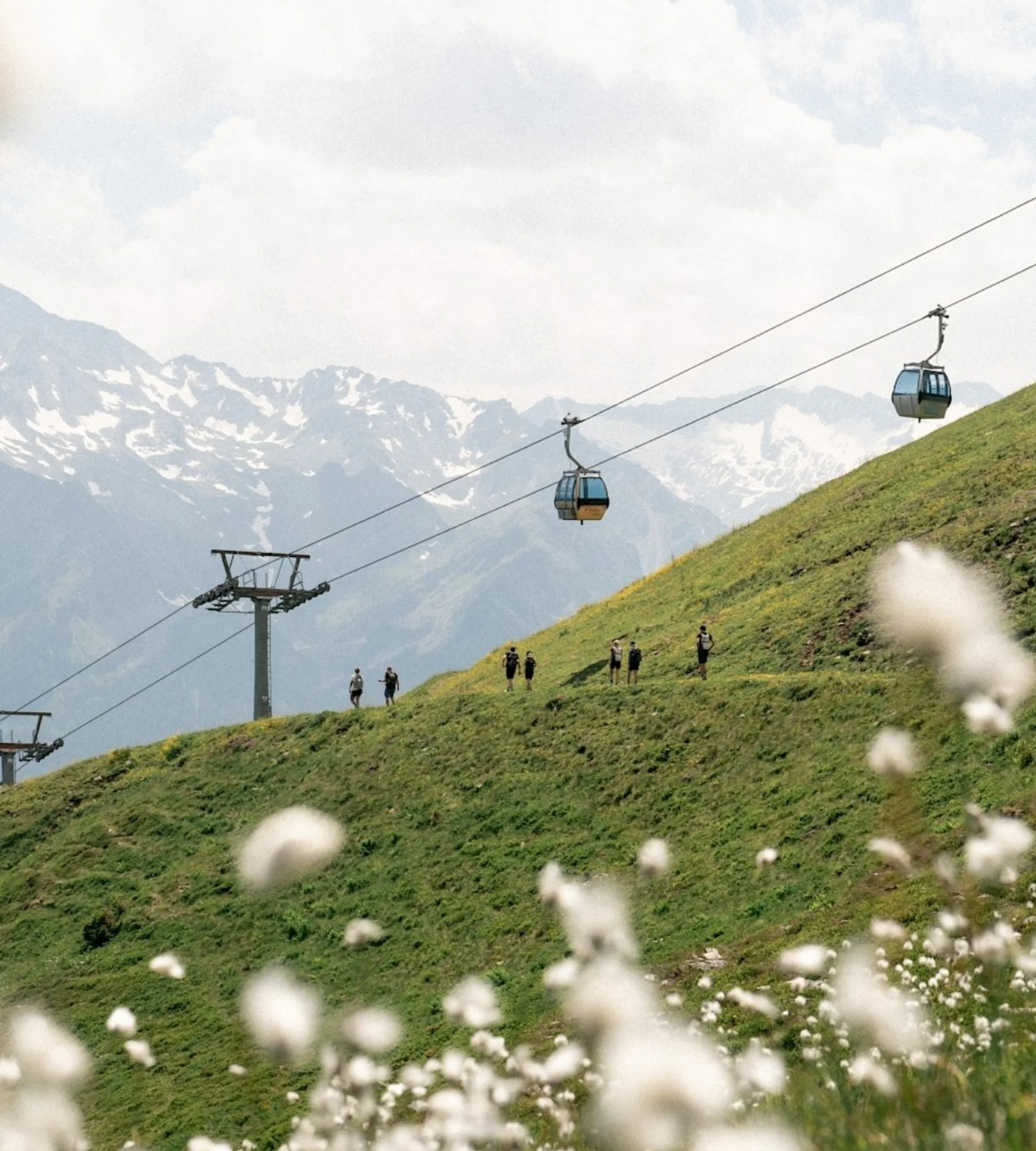Home Seilbahn über grüne Alpenwiese mit Wanderern und schneebedeckten Bergen im Hintergrund