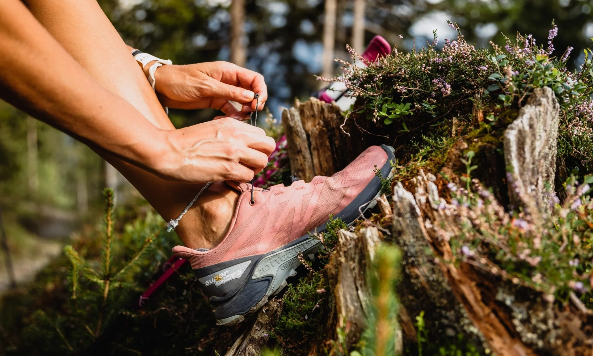 Home Person bindet Schnürsenkel an pinker Wanderschuh im Wald