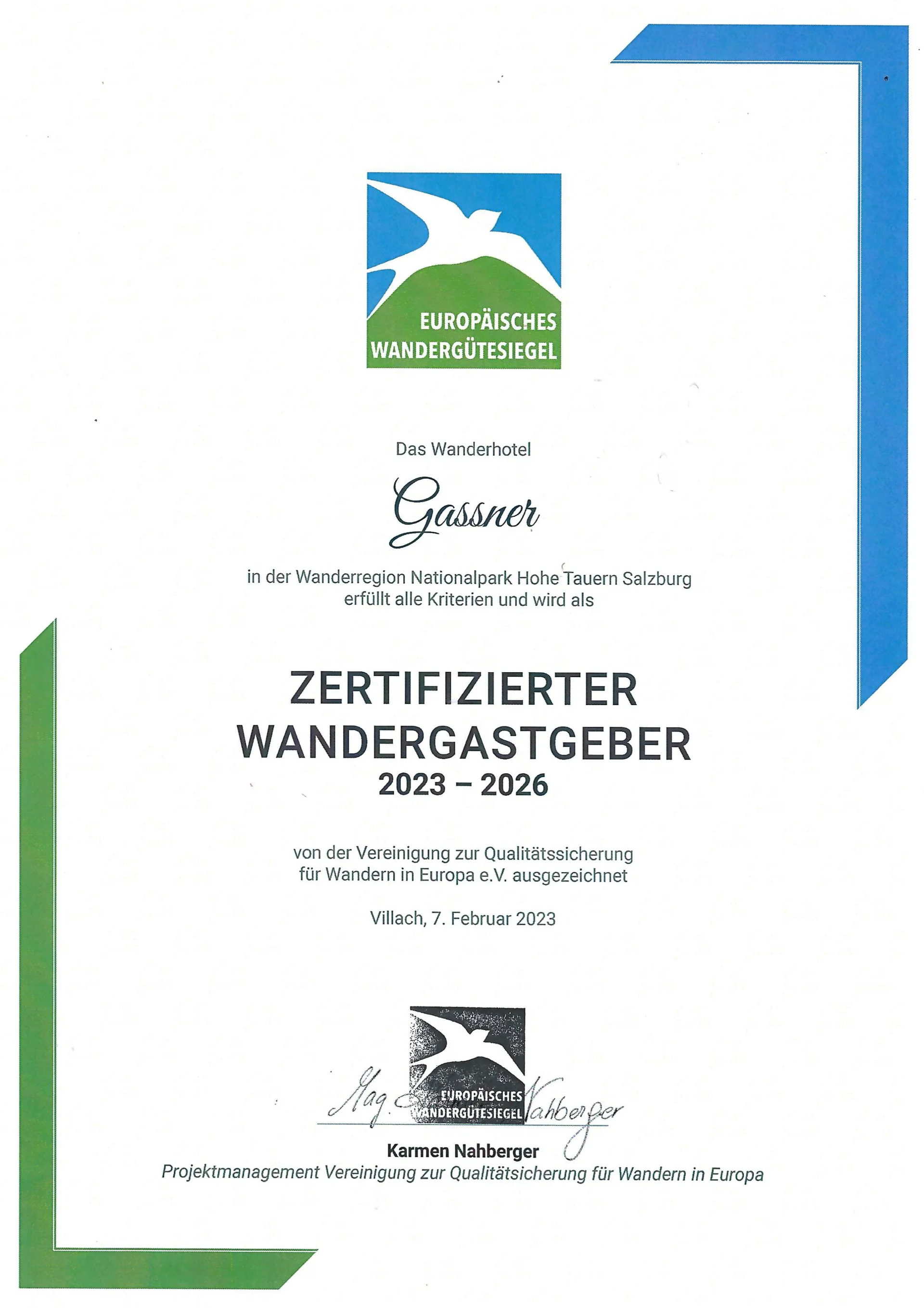 Bewertungen Zertifikat Europäisches Wandergütesiegel für Wanderhotel Gassner 2023-2026