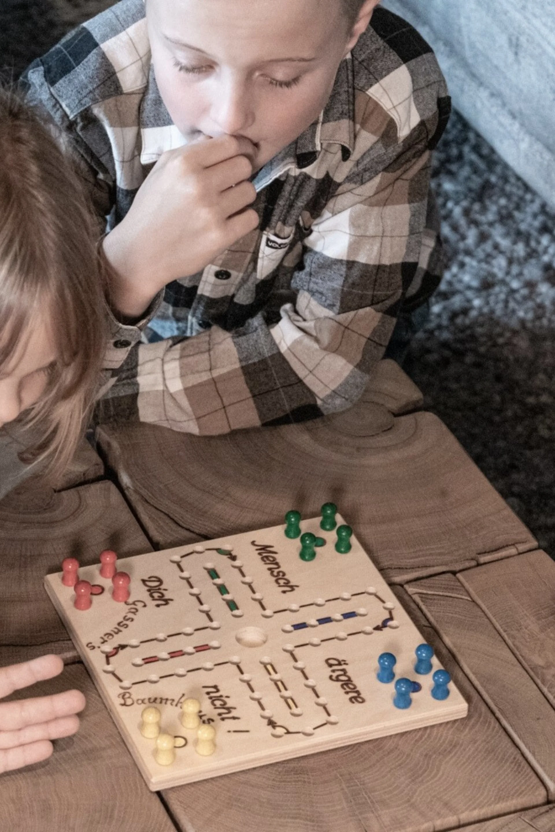 Inklusivleistungen Vier Kinder spielen Mensch-ärgere-dich-nicht auf einem Holztisch