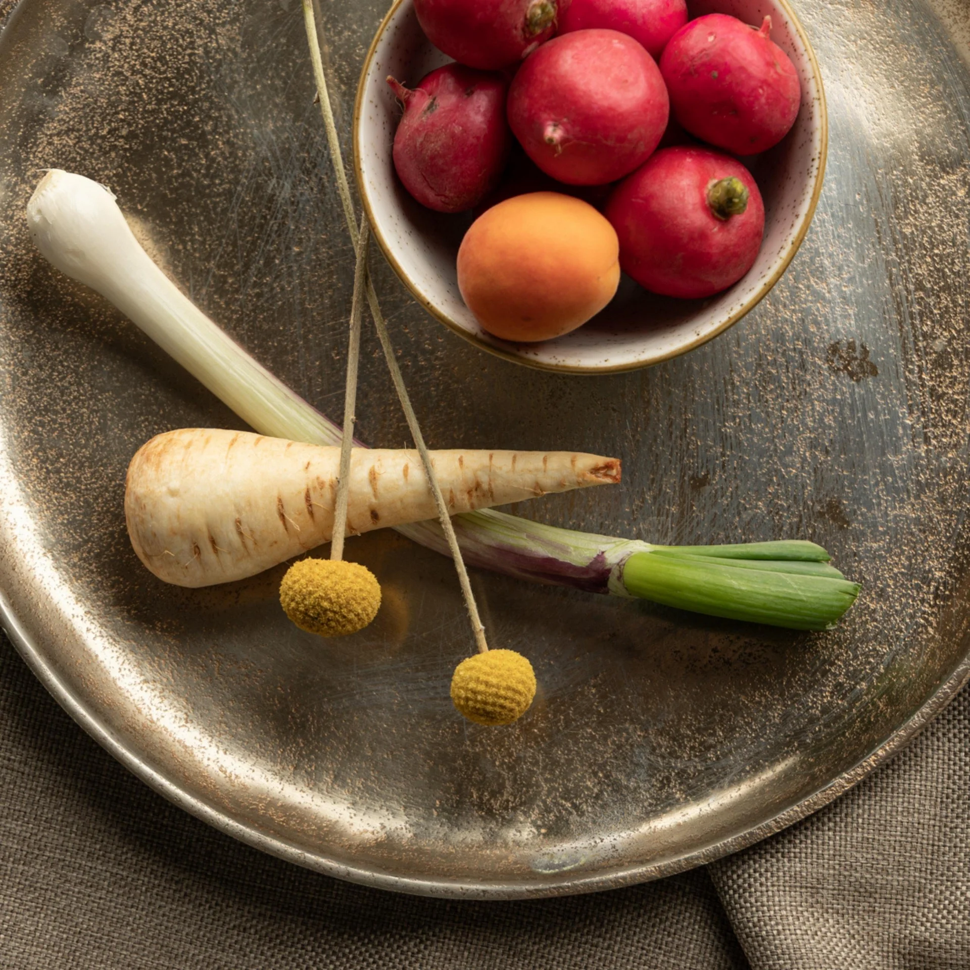 Kulinarik Schale mit roten Radieschen und Aprikose, Pastinake, Lauch und gelbe Blüten auf silbernem Tablett