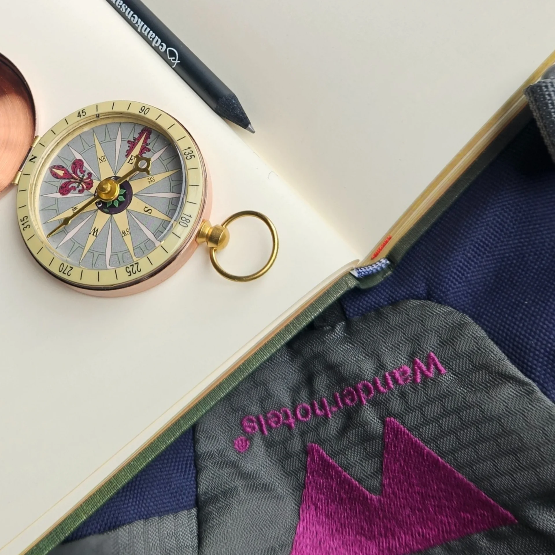 Bewertungen Kompass auf Notizbuch neben Stift und Rucksack mit Wandermotiven