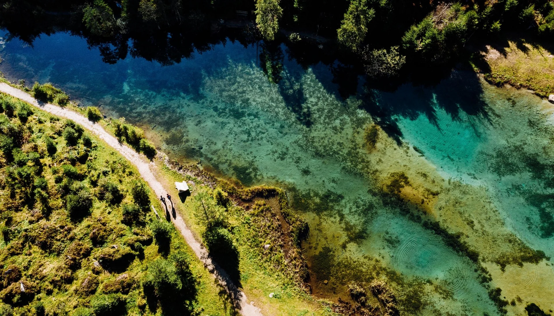Tourentipps Luftaufnahme von einem Pfad neben klarem Fluss und Wald im Sonnenschein
