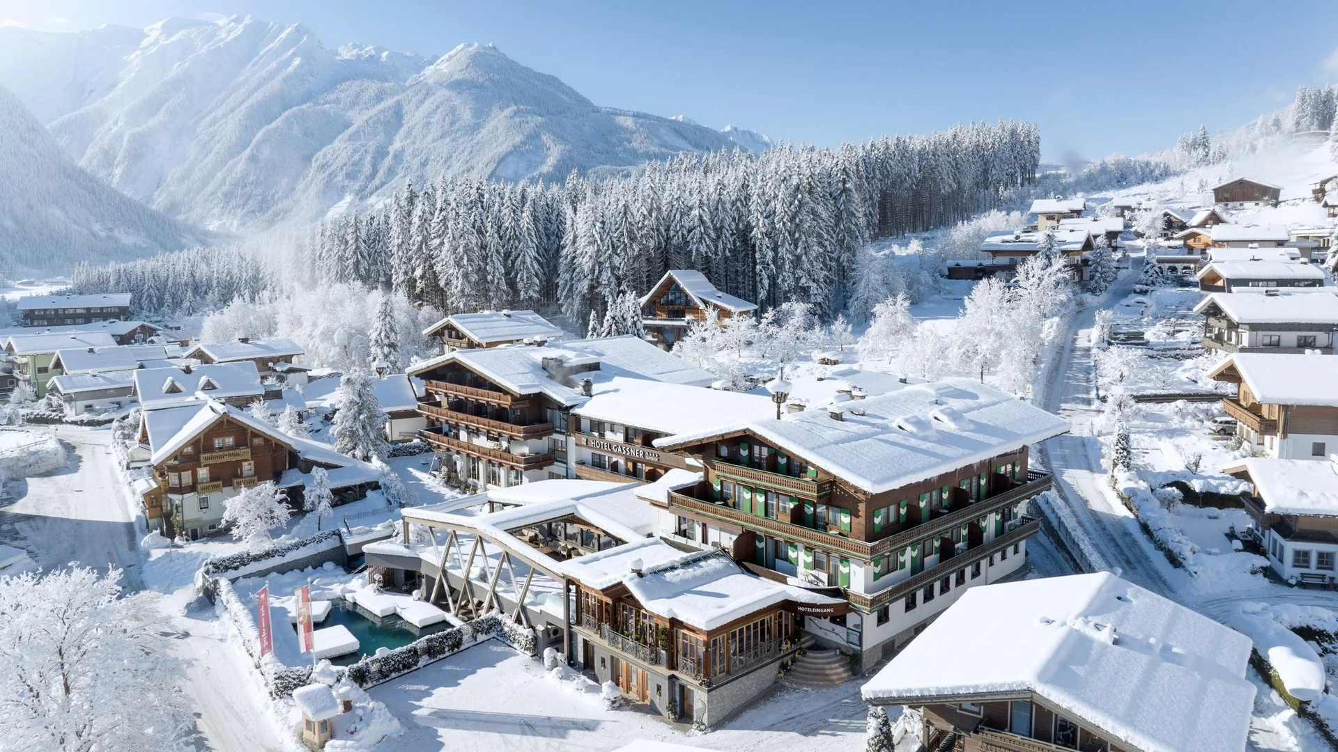 Baumhaus Verschneites Dorf mit Hotel und Bergen im Hintergrund