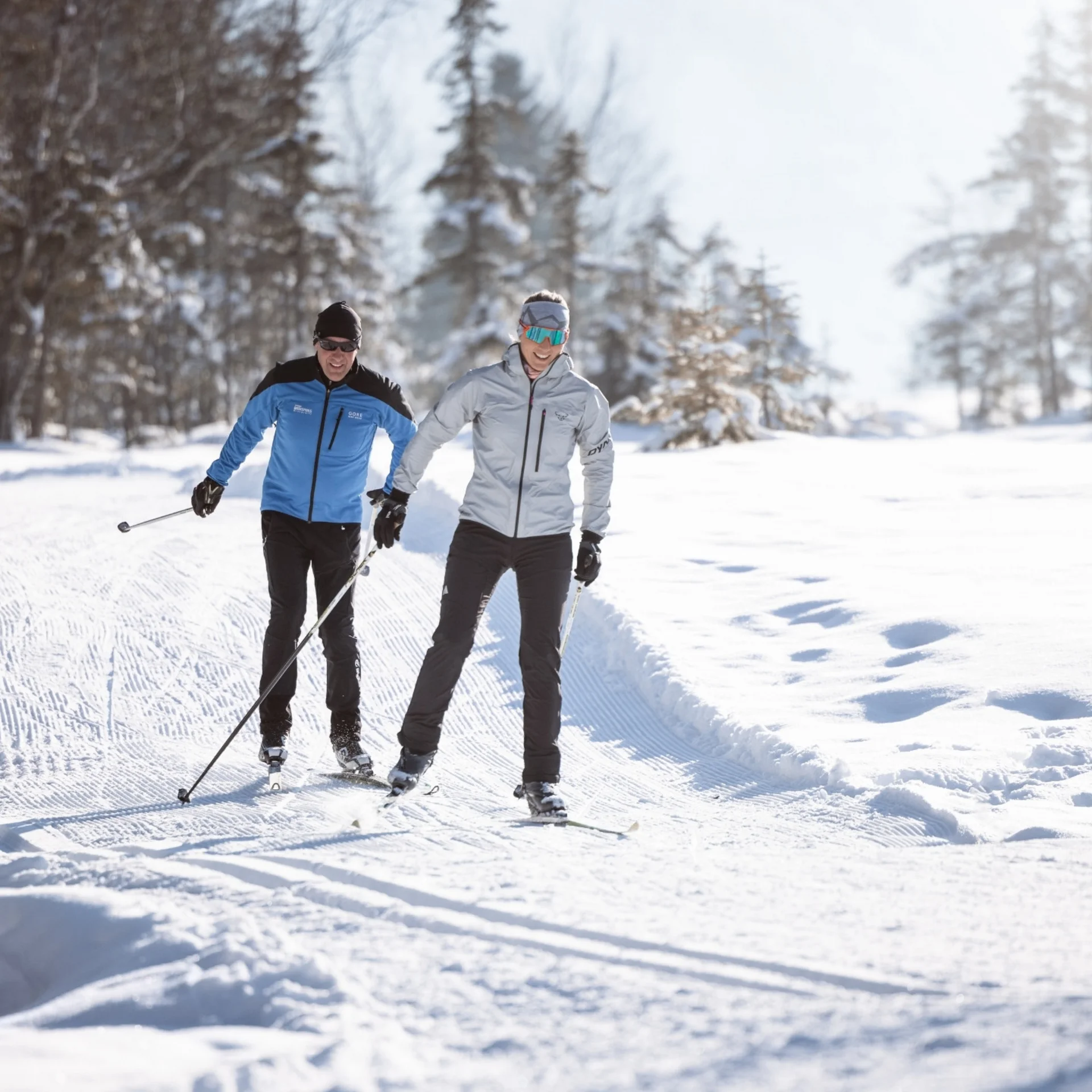 Abseits der Piste Zwei Personen beim Langlaufen auf verschneitem Waldweg bei sonnigem Wetter