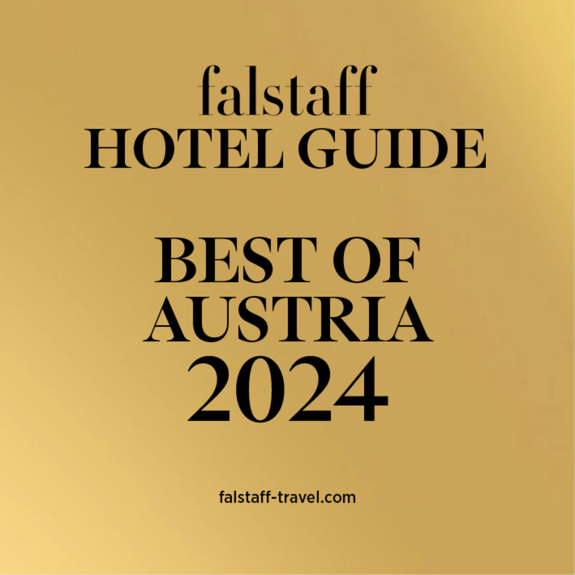 Bewertungen falstaff Hotel Guide Best of Austria 2024 Schriftzug auf goldfarbenem Hintergrund