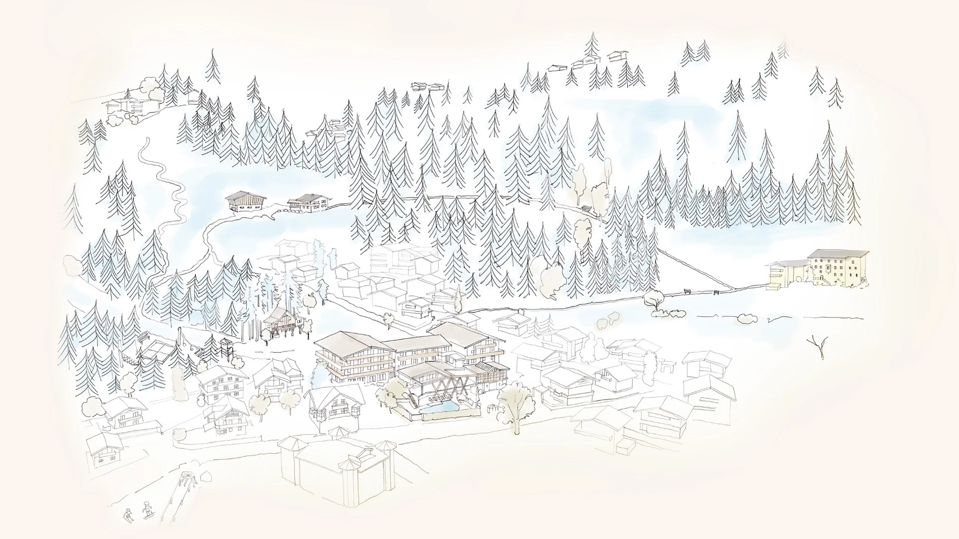 Das Hotel Skizze eines Dorfes mit Wald und Fluss in einer Berglandschaft