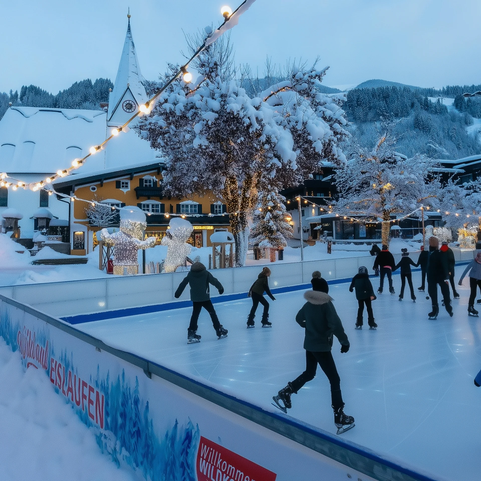 Abseits der Piste Menschen beim Eislaufen auf einer festlichen Eisbahn in einem verschneiten Dorf