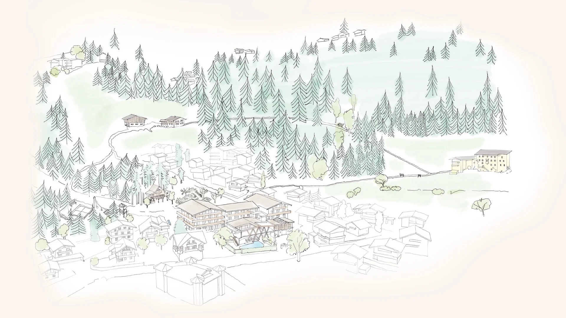 Das Hotel Zeichnung einer Berglandschaft mit Häusern und Nadelbäumen