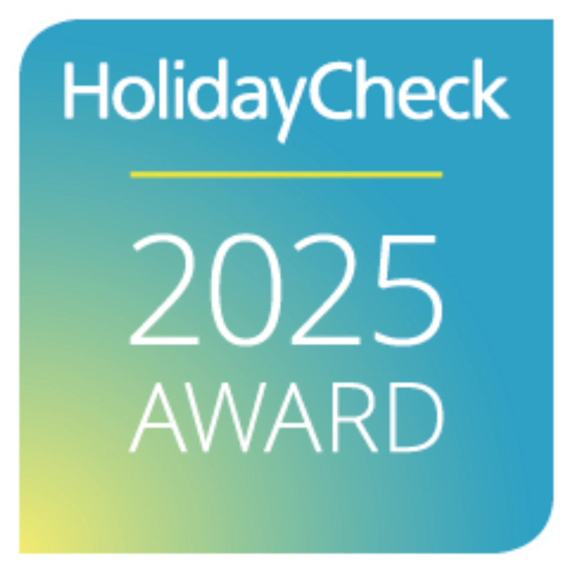 Bewertungen HolidayCheck Award 2025 Logo mit blau-gelbem Farbverlauf