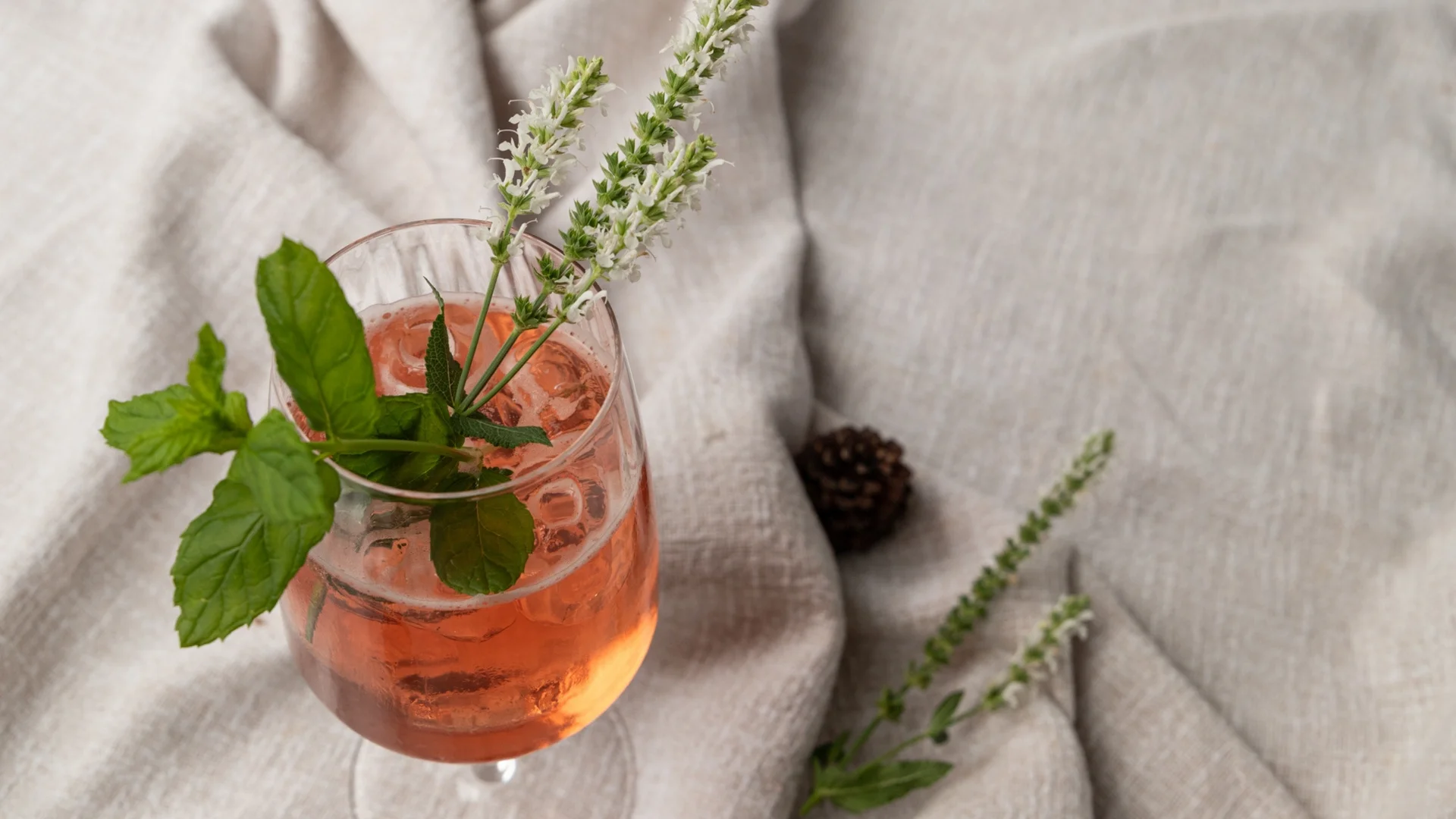 Lehrlingsausbildung Erfrischendes rosa Getränk mit Eis und Minze auf grauem Stoff