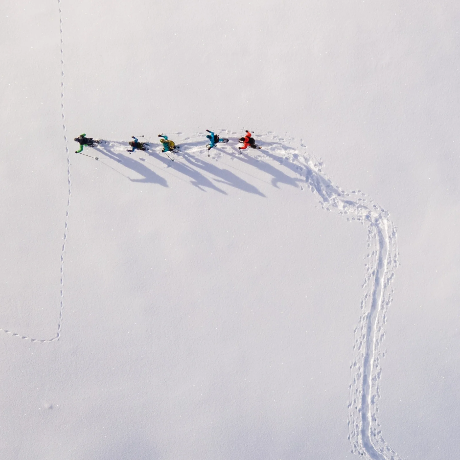 Winterwandern Drohnenaufnahme von fünf Menschen, die durch Tiefschnee wandern, mit langen Schatten