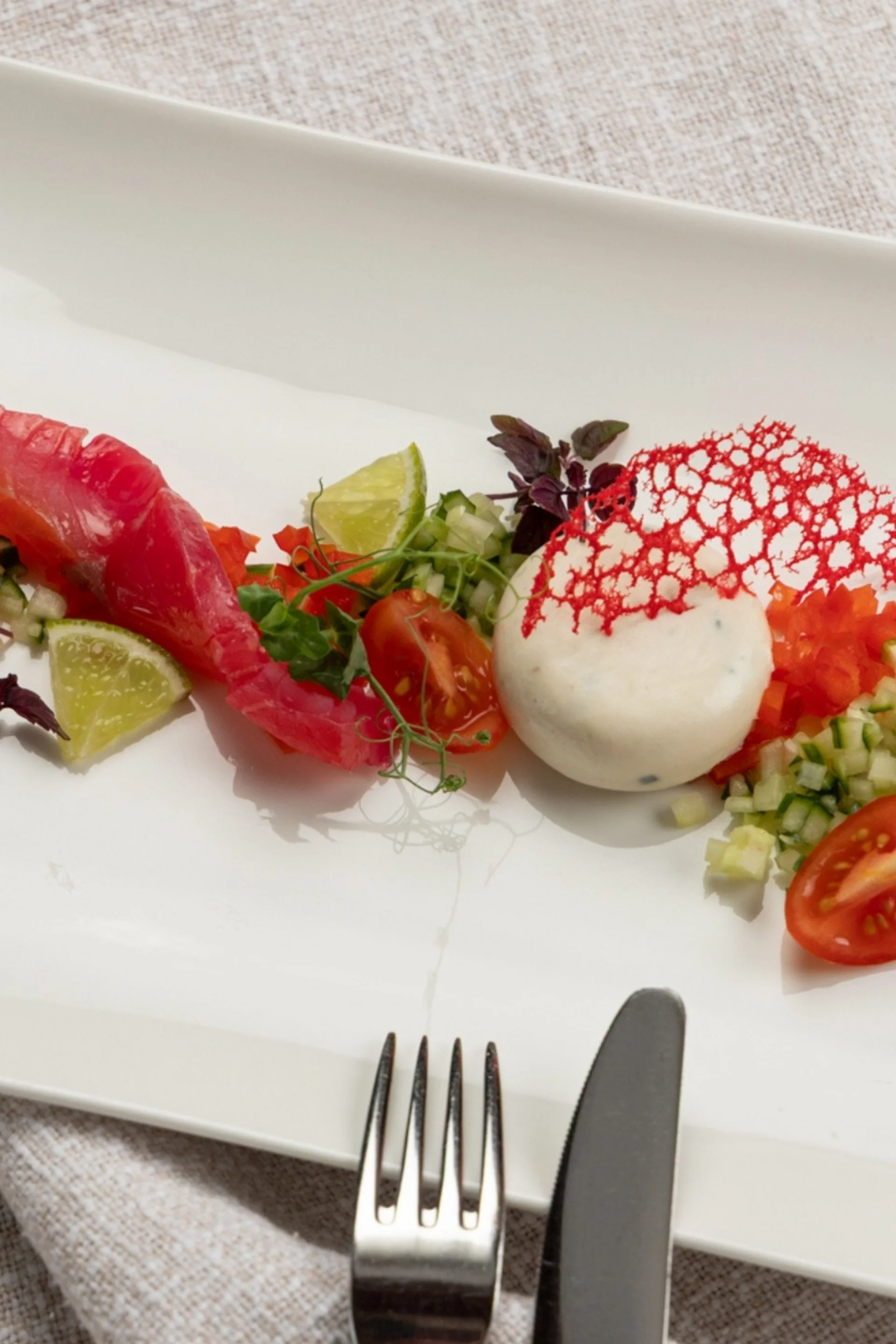 Inklusivleistungen Garnierter Teller mit feinem rohem Fisch, Gemüse und Sauce, mit Besteck und Glas Weißwein
