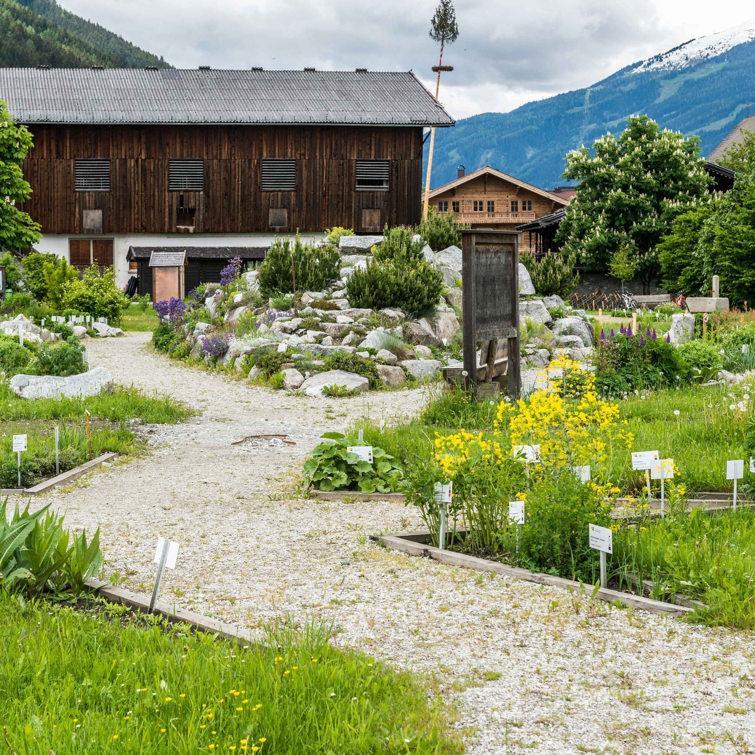 Ausflugstipps Schön angelegter Kräutergarten in Hollersbach mit diversen Kräuterbeeten und einem Kiesweg vor einem Holzhaus