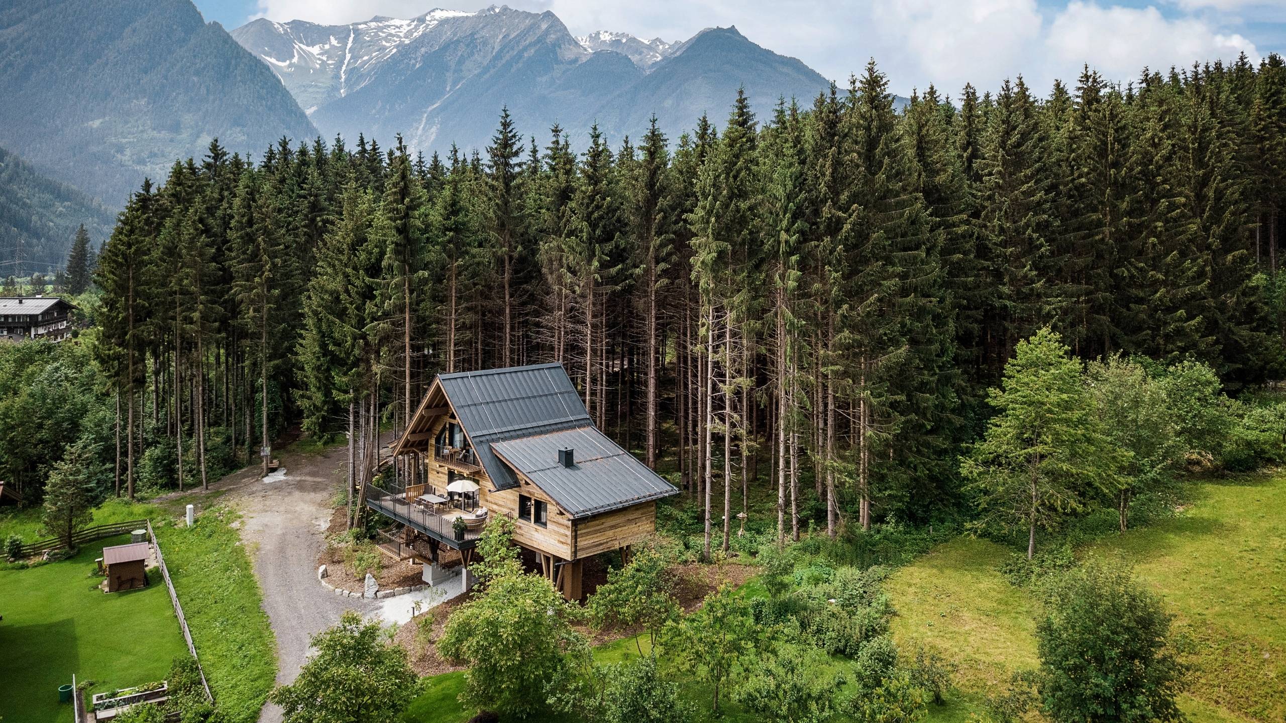 Baumhaus Holzhaus am Waldrand mit Bergen im Hintergrund