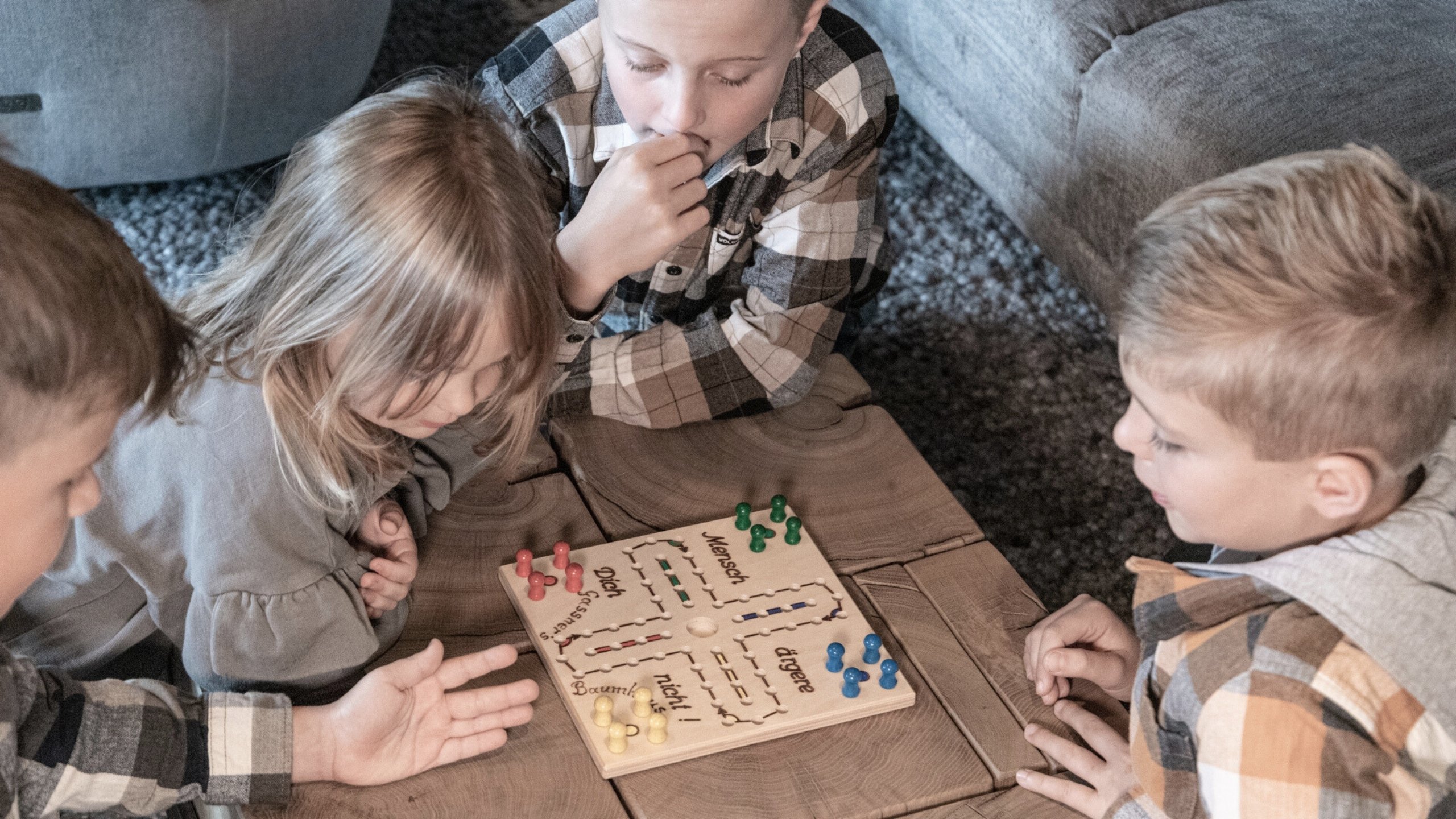 Baumhaus Vier Kinder spielen Mensch-ärgere-dich-nicht auf einem Holztisch